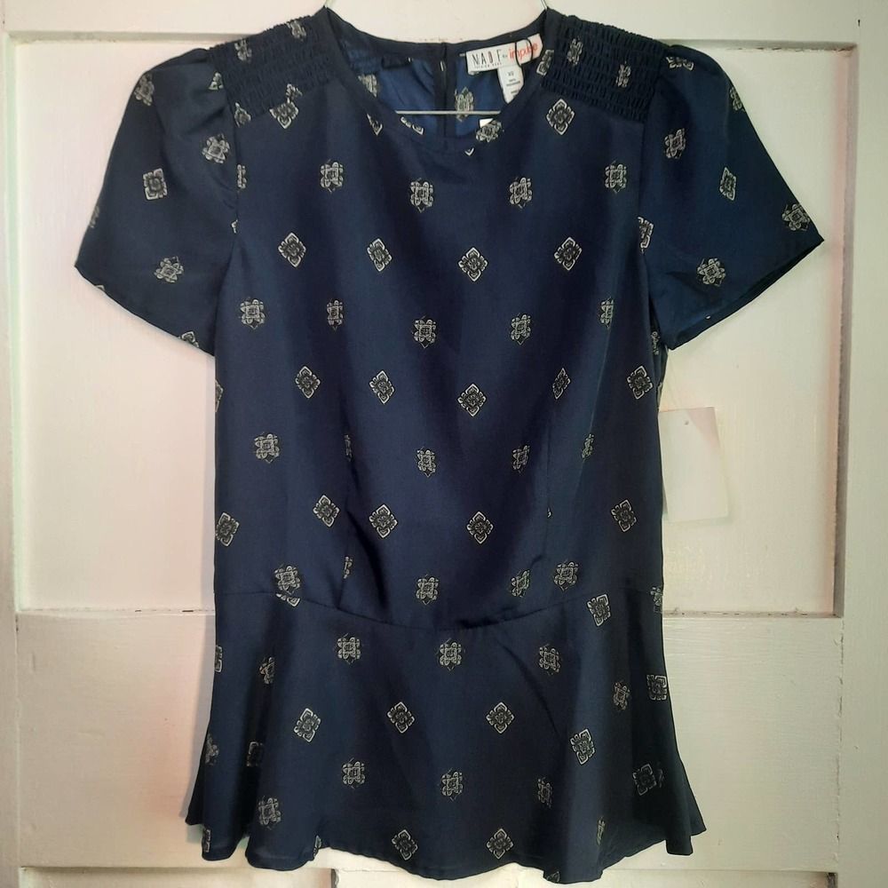 IMPULSE FOR MACYS Navy Short Sleeve Printed Peplum Blouse XS